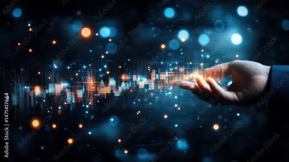 Fototapeta premium Hand Holding Digital Data Visualization of Future Technology Abstract Style Dark Background