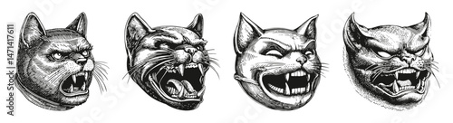 Vintage Engraved Cat Faces with Fierce Expressions in Black and White, vector illustration, engraving design, logo design set, black and white line