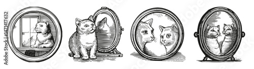 Vintage Illustrations of Cats Reflected in Mirrors and Frames, vector illustration, engraving design, logo design set, black and white line