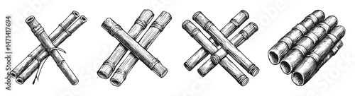 Hand-Drawn Bamboo Sticks in Various Arrangements for Illustration, vector illustration, engraving design, logo design set, black and white line
