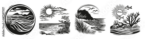 Scenic Black and White Landscape Illustrations with Nature Elements, vector illustration, engraving design, logo design set, black and white line