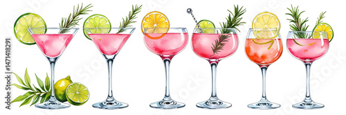 The watercolor illustration features five elegant pink cocktails in different glass styles, each garnished with citrus and herbs, arranged in a row on a white background for a realistic yet artistic l