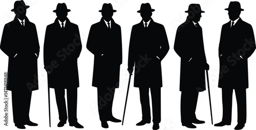 Set of six vintage gentleman silhouettes wearing hats and long coats, some holding walking sticks, evoking an elegant, formal aesthetic