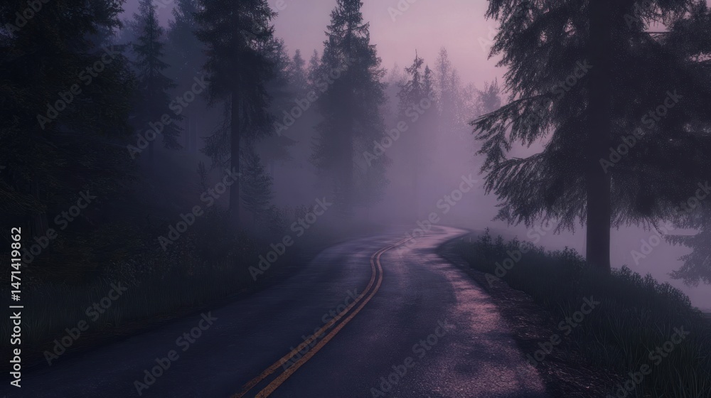 Misty Forest Road at Dusk: A Serene and Mysterious Drive Misty Forest Road at Dusk: A Serene and Mysterious Drive