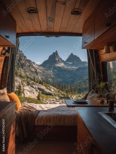 Van Life Interior View of Mountain Peaks Adventure Mobile Home Road Trip Camper Van Conversion