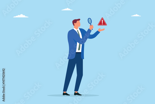 Vector illustration of a businessman finding a scam alert with a magnifying glass