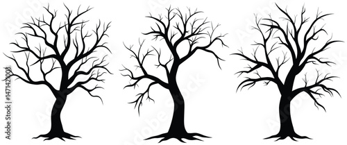 Black Branch Tree or Naked trees and root silhouettes set vector illustration