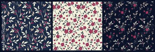 Seamless floral pattern, vintage ditsy print with winter garden. Elegant botanical design of mini hand drawn wild plants, small flowers, twigs, tiny leaves in dark colors. Vector illustration.