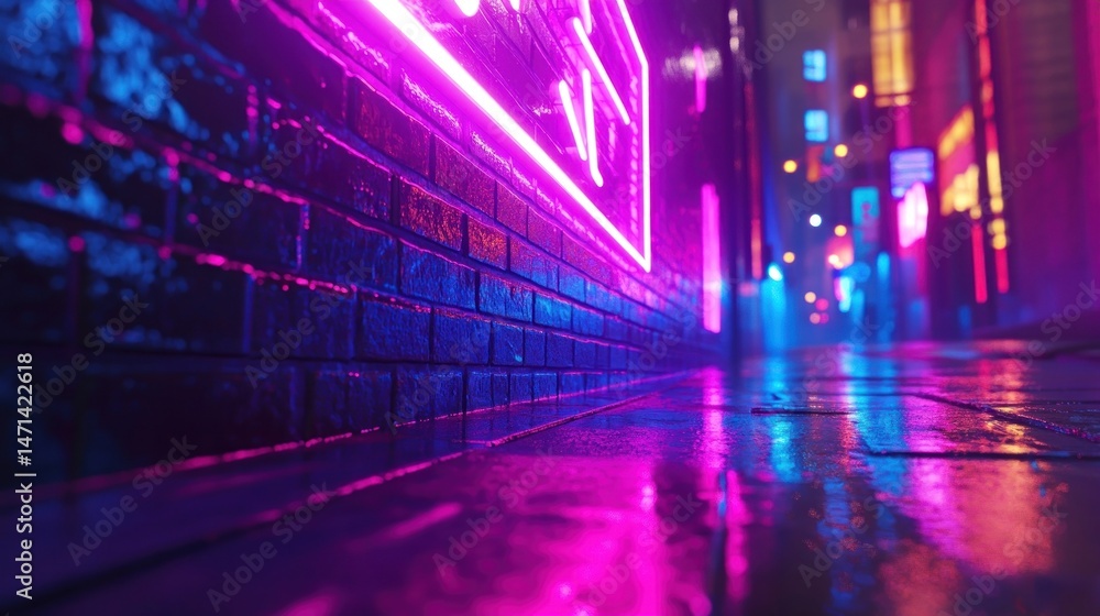 Fototapeta premium Vibrant Neon Lights Reflecting on Wet Streets in a City Alley at Night with Misty Atmosphere and Colorful Glow