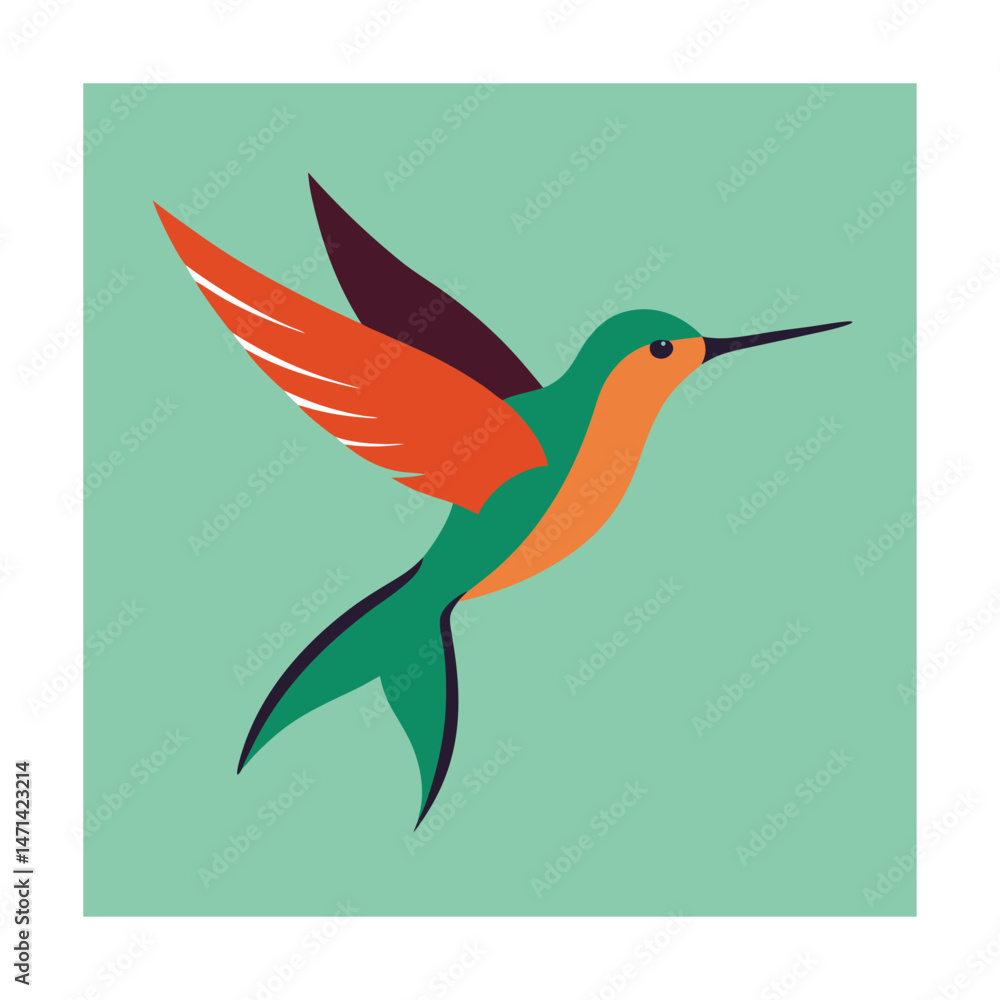 Obraz premium Colorful abstract hummingbird in flight vector illustration isolated on a light green background