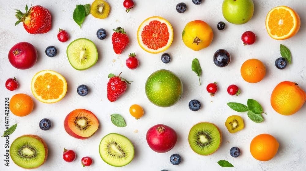 collection of mixed fruits, overhead view, flat lay composition collection of mixed fruits, overhead view, flat lay composition