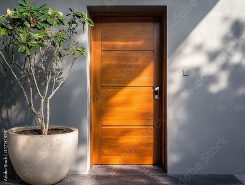 Modern home entrance featuring a wooden door and potted plumeria tree against a gray wall in natural sunlight