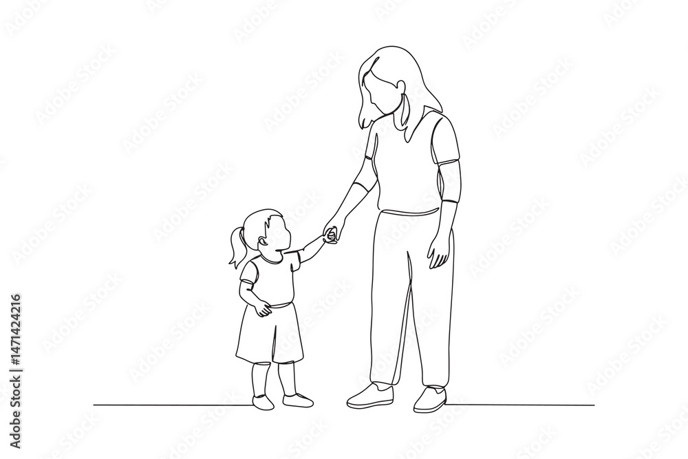 Mother and Daughter Holding Hands – Line Art Illustration Mother and Daughter Holding Hands – Line Art Illustration