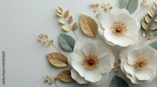 Wallpaper Mural Stunning floral arrangement with white flowers and gold leaves on a light background Torontodigital.ca