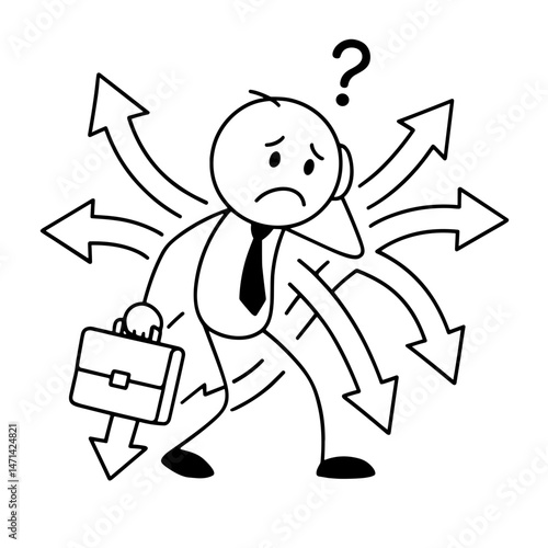 Confused businessman lost among many directions