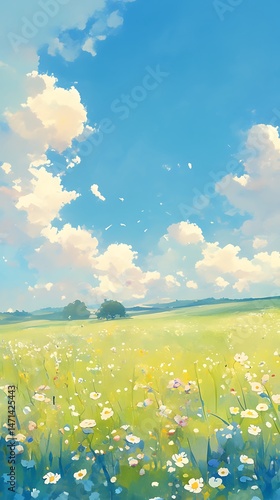 Vast Expanse of Green Fields with White Wildflowers Dancing Underneath a Sky Dominated by Puffy Clouds on a Warm Day in the Countryside