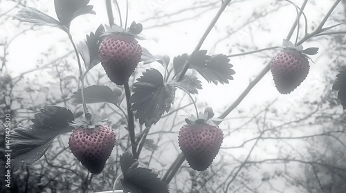 The Captivating Allure of Nature's Bounty A Close-Up Exploration of Luscious Strawberries Amidst Verdant Leaves In a Quiet Orchard