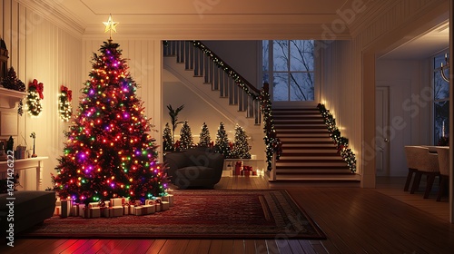 A Christmas Decor Theme with a Christmas Tree and Presents and Stairs and Lights and Ornaments Decorations and a Fireplace and Rugs