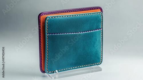 Stylish leather wallet with vibrant colors and a modern design displayed on a clear stand against a soft background
