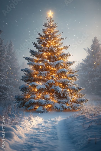 A Captivating Winter Wonderland Scene A Majestic Christmas Tree Sparkling with Lights in a Serene Snowy Forest Landscape
