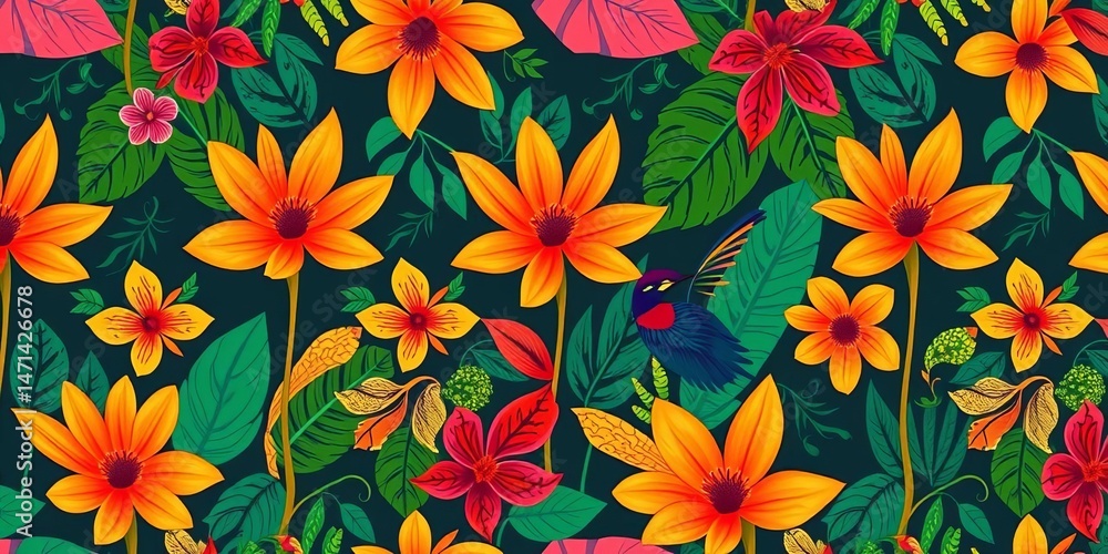 Vibrant vector seamless pattern featuring stylized African flora & abstract textures, retro, flowers Vibrant vector seamless pattern featuring stylized African flora & abstract textures, retro, flowers