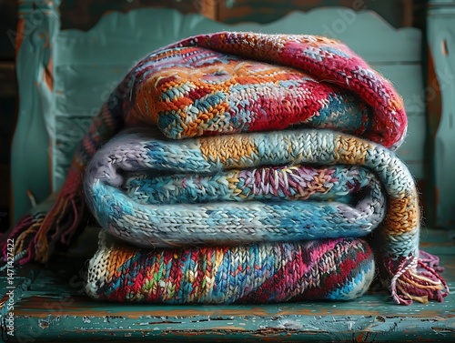 A Warm Embrace Awaits Stacked Up Knitted Blankets and Throws Displaying Colorful Designs Perfect for Cozy Winter Days