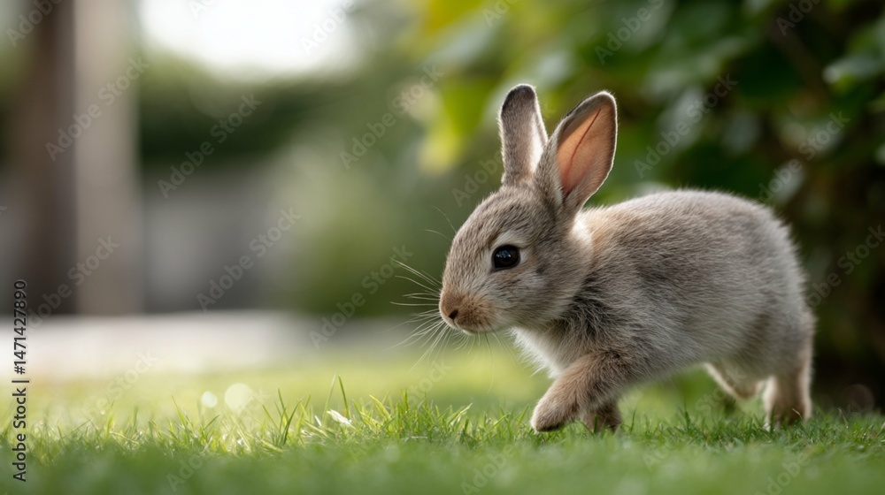 Fototapeta premium Cute rabbit explores the green grass in a sunny garden during springtime