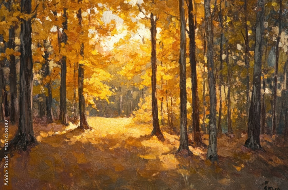 Fototapeta premium Golden sunlight through maple trees in early fall