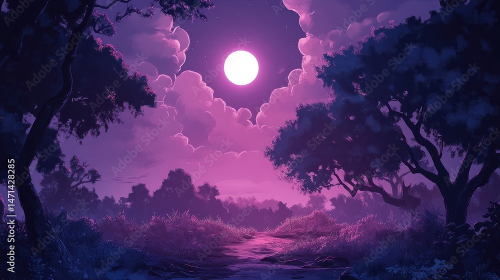 Fototapeta premium Enchanted Moonlight Night: A Serene Purple Forest Path