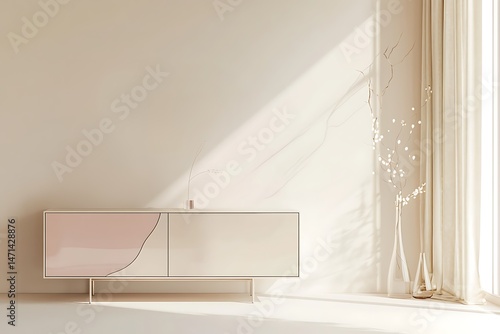 Minimalist Interior Design Featuring a Modern Sideboard and Sunlight Casting Shadows on a Plain Wall with Elegant Curtains
