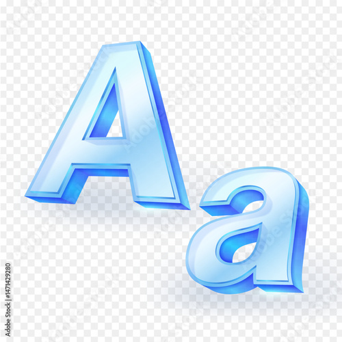3D font uppercase and lowercase English letters "A" made of transparent glass material isolated on white background. Vector illustration.