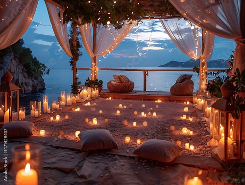 A Romantic Seaside Retreat Under a Starry Sky Evening Ambiance with Gentle Waves and Abundant Candlelight Decorations