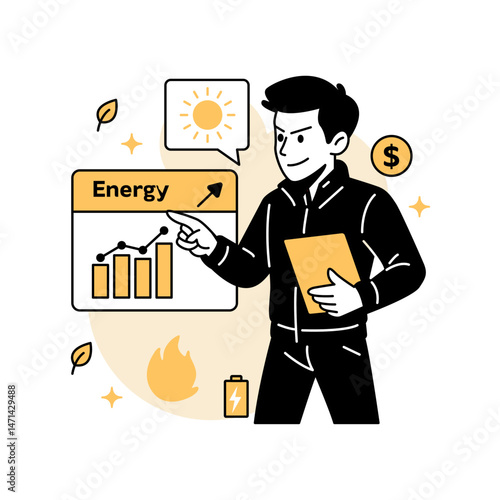 Vector illustration of a man analyzing a renewable energy dashboard with charts, sun icon, and battery, representing sustainable energy tracking and eco friendly economic progress.
