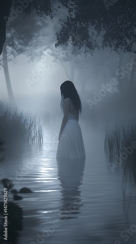 A Spectral Vision The Enigmatic Bride Silhouetted Against Misty Waters a Tale of Longing and Unsettled Spirits in the Ethereal Gloom