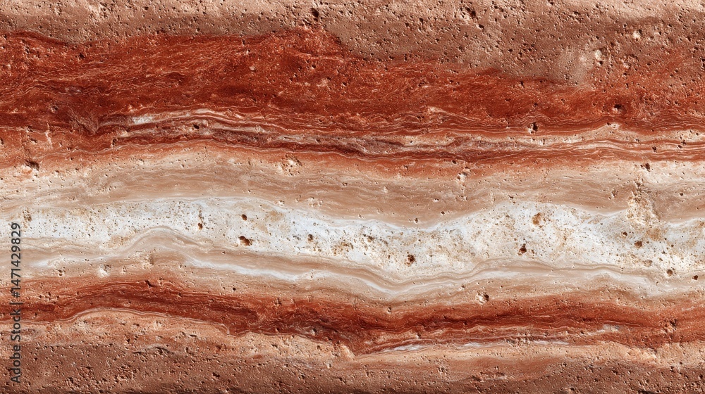 Obraz premium High resolution seamless red limestone texture, displaying horizontal stripes, natural porous surfaces, reddish brown tones, subtle beige and iron oxide veins, perfect for architecture