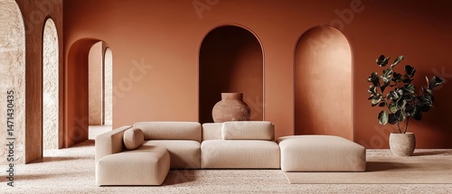 Interior design showcasing minimalist sofa with arches and terracotta walls in a modern setting; front view emphasizing textures and earthy tones