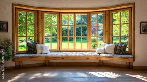 Sunlit Bay Window with Wooden Bench Seat, Cozy Room Interior Illustration