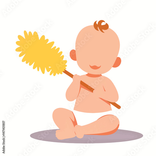 Happy baby playing with bright duster on white floor, playful joy