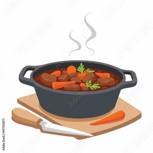 Cast iron pot filled with beef bourguignon on cutting board, culinary art