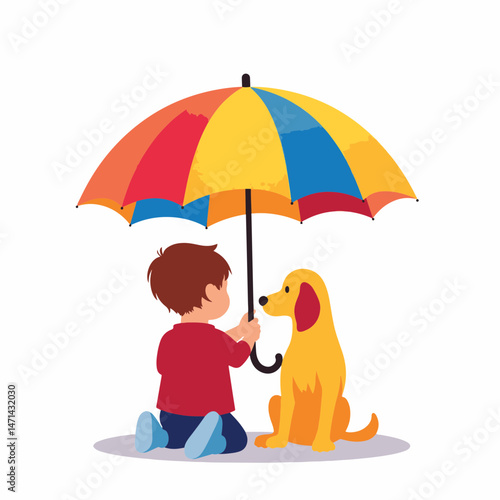 Child and dog sharing umbrella on rainy day, companionship and protection