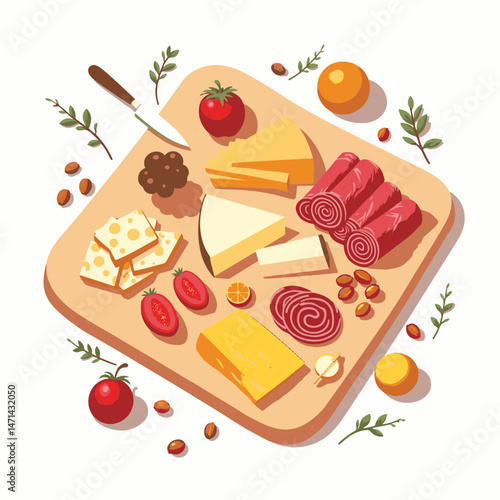 Colorful charcuterie board with cheeses and meats on white background, culinary art