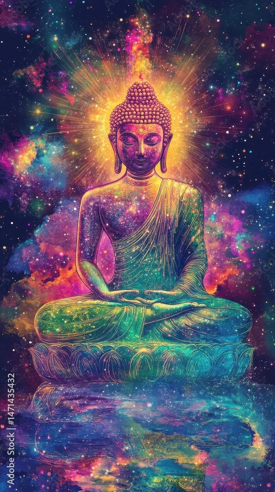 Meditating Buddha in Cosmic Space Digital Art Illustration Spiritual Enlightenment Colorful Galaxy Background Meditating Buddha in Cosmic Space Digital Art Illustration Spiritual Enlightenment Colorful Galaxy Background