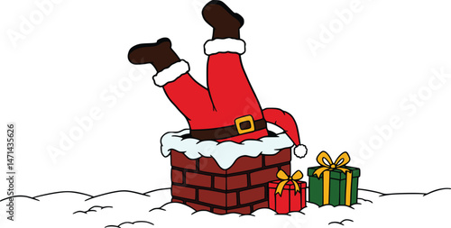 Humorous cartoon of Santa Claus stuck upside down in a brick chimney with presents on a snowy rooftop. isolated vector illustration
