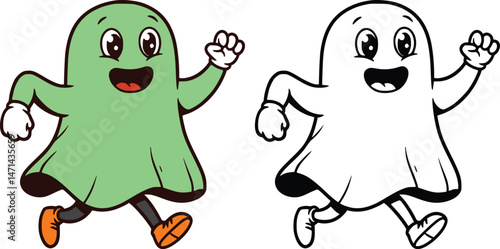 Cheerful retro ghost cartoon running with an expressive face, shown in bright green and outline versions. isolated vector illustration