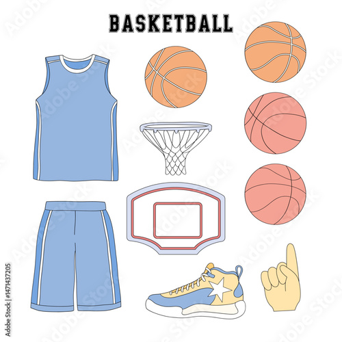 Retro Basketball team equipment Game Day vector clip-art set isolated on white. Boyish Sports Sporty Boy hand drawn illustrations.