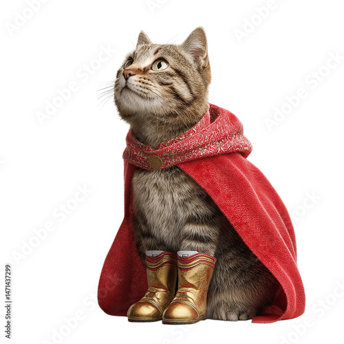 Tabby cat in red cape and golden boots, superhero pet parody, isolated on transparent background ultra realistic 8k --v 7.0
