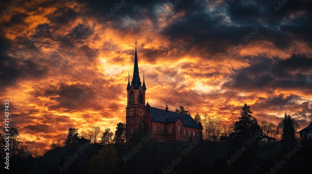 Obraz premium Fiery Sunset over Church