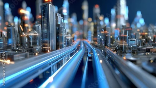 Wallpaper Mural Cityscape's Digital Veins: A futuristic city comes alive, its infrastructure pulsating with vibrant energy, symbolized by the illuminated pathways that wind through the urban landscape. Torontodigital.ca