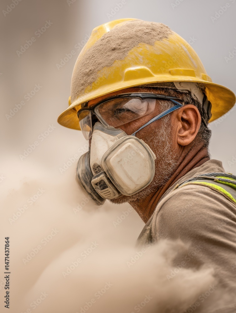 Fototapeta premium Construction worker in dust cloud wearing hard hat safety glasses and respirator side view close up