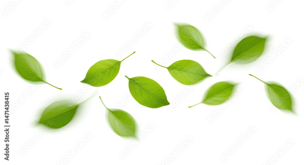 Naklejka premium Fresh green leaves floating in the air. A vibrant display of nature's beauty